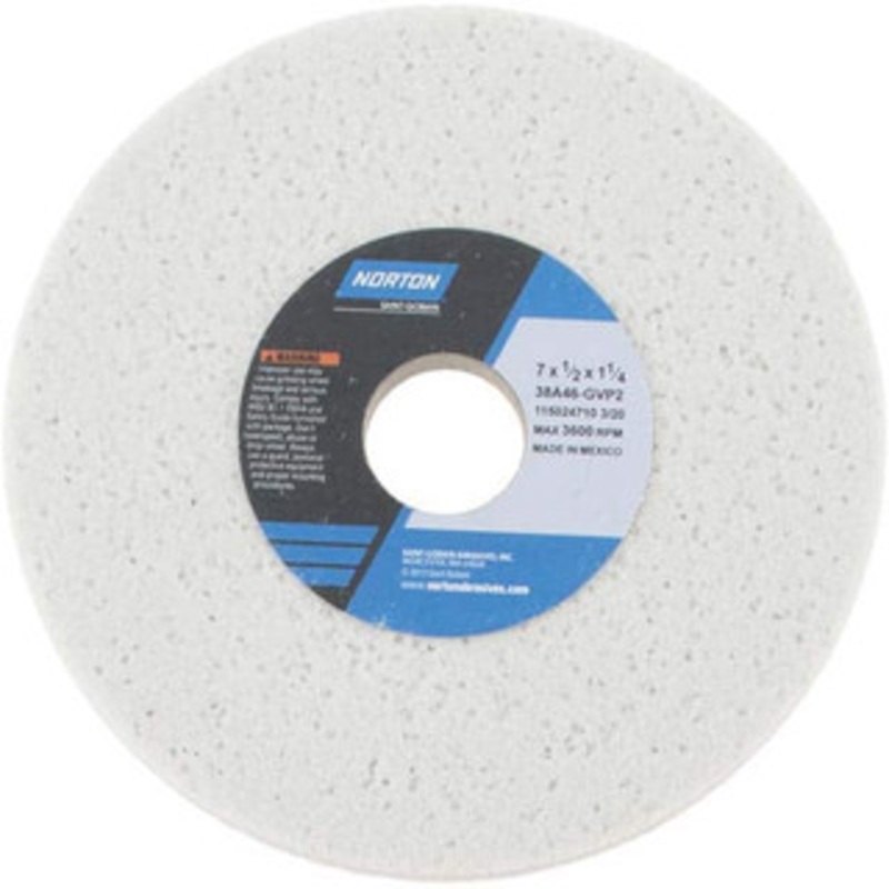 Norton 7 Diam x 1-1/4 Hole x 1/2 Thick, G Hardness, 46 Grit Surface Grinding Wheel Aluminum Oxide, Type 1, Coarse Grade, 3,600 Max RPM, Vitrified Bond, No Recess 66252916222 – 82028762