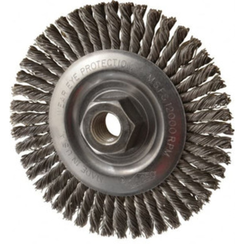 Osborn 4 OD, 5/8-11 Arbor Hole, Knotted Steel Wheel Brush 3/16 Face Width, 1 Trim Length, 0.02 Filament Diam, 12,000 RPM 0002649500 – 53494597