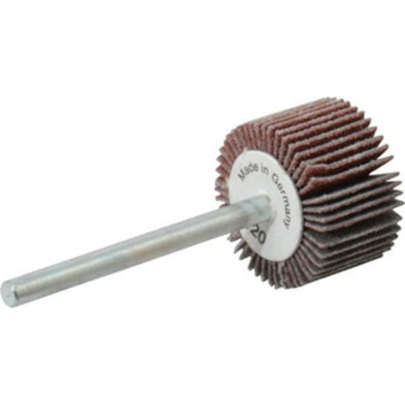 Value Collection 3/4 Diam x 1/2 Face Width, Fine Aluminum Oxide Coated Mounted Flap Wheel 1/8 Shank Mount, 120 Grit, X Weighted Cloth Backing, 35,000 Max RPM 112107 – 05096540