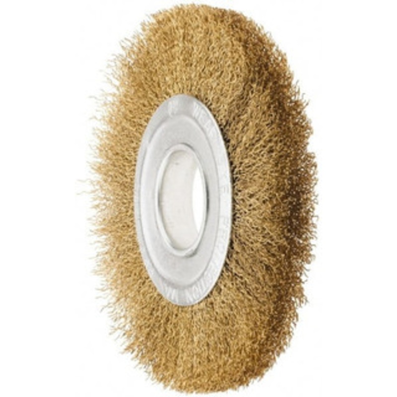 Value Collection 8 OD, 1/4 Arbor Hole, Crimped Brass Wheel Brush 1 Face Width, 1-3/4 Trim Length, 0.02 Filament Diam, 4,500 RPM 0320010350 – 74039009