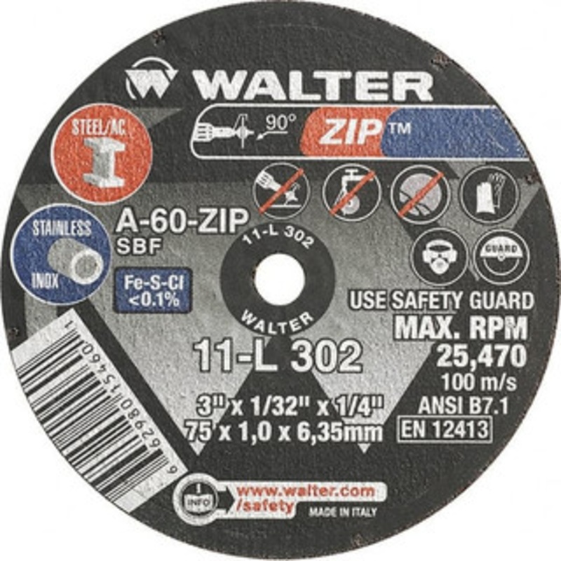 Walter Surface Technologies 3 x 1/32, 1/4 Hole 60 Grit Aluminum Oxide Cutoff Wheel 25,470 Max RPM, Use with Die Grinders 11L302 – 57859183