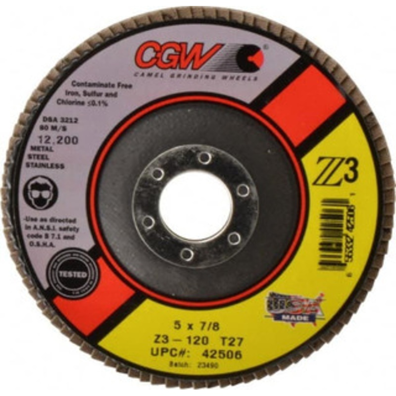 CGW Abrasives 5 120 Grit 7/8 Center Hole Type 27 Zirconia Alumina Flap Disc Fine Grade, Coated, Arbor Attachment, Poly Cotton Backing, 12,200 RPM 42506 – 56437601