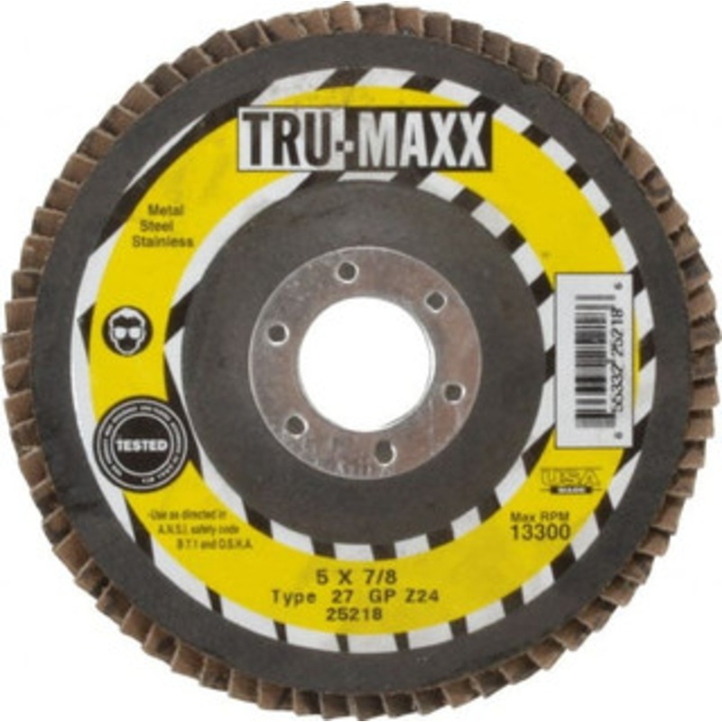 Tru-Maxx 5 24 Grit 7/8 Center Hole Type 27 Zirconia Alumina Flap Disc Very Coarse Grade, Coated, Arbor Attachment, 12,200 RPM 25218 – 40140220