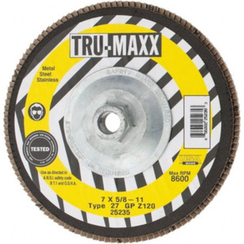 Tru-Maxx 7 120 Grit 5/8-11 Center Hole Type 27 Zirconia Alumina Flap Disc Fine Grade, Coated, Arbor Attachment, 8,600 RPM 25235 – 86779378