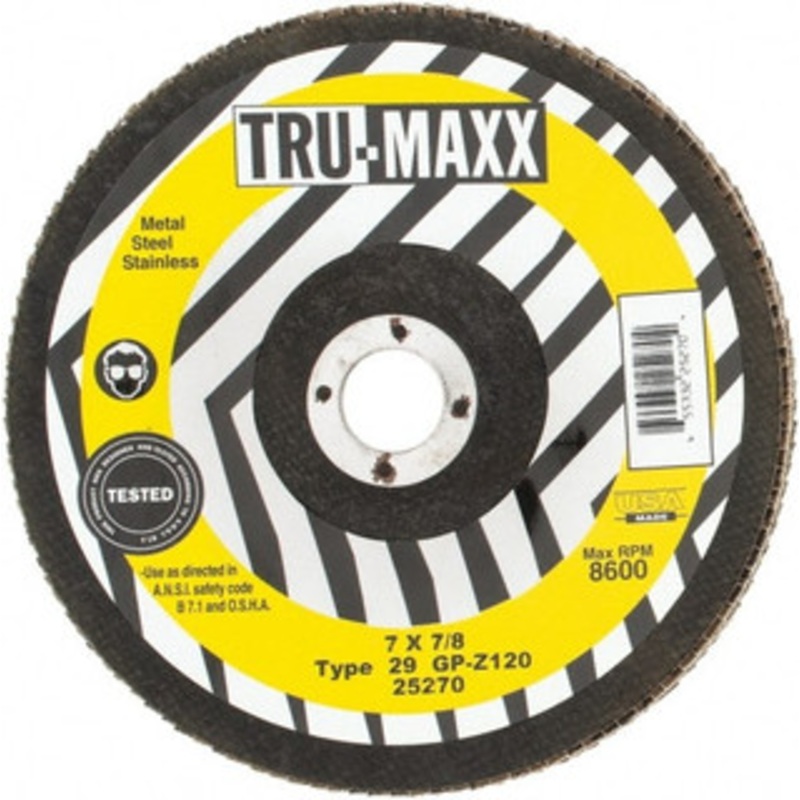 Tru-Maxx 7 120 Grit 7/8 Center Hole Type 29 Zirconia Alumina Flap Disc Fine Grade, Coated, Arbor Attachment, 8,600 RPM 25270 – 86779733