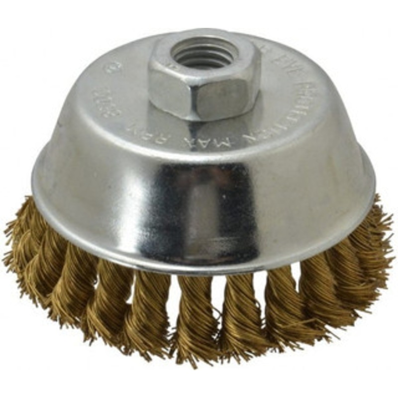 Value Collection 4 Diam 5/8-11 Threaded Arbor Brass Fill Cup Brush Knotted Wire, 0.02 Wire Diam, 7/8 Trim, 8,500 Max RPM 2110058350 – 74038563