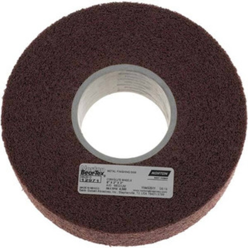 Norton 8 Diam, 2 Face Width, 3 Center Hole, Medium Grade, Aluminum Oxide Deburring Wheel Convolute, Medium Density 6 Grade, 4,500 RPM 66261012971 – 07554959