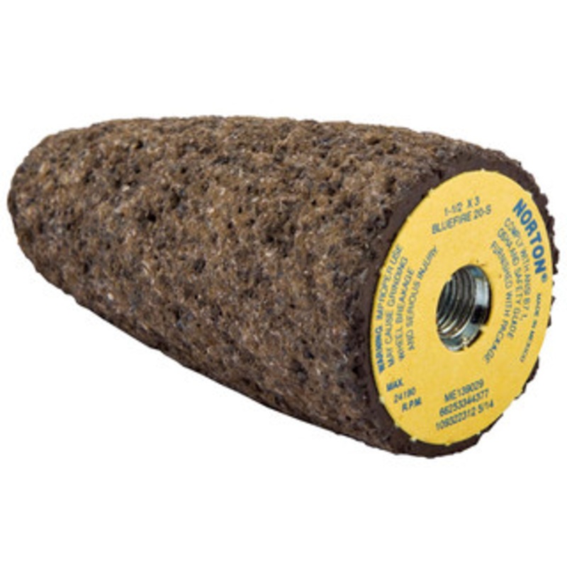 Norton Type 16, 1-1/2 Max Diam, 3 Head Thickness, 24 Grit Cone Zirconia Alumina, Very Coarse Grade, 3/8-24 Shank Thread 66253344377 – 94354198