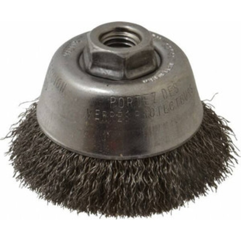 Osborn 3-1/2 Diam 5/8-11 Threaded Arbor Steel Fill Cup Brush Crimped Wire, 0.0118 Wire Diam, 1 Trim, 7,500 Max RPM 0003204800 – 00221374