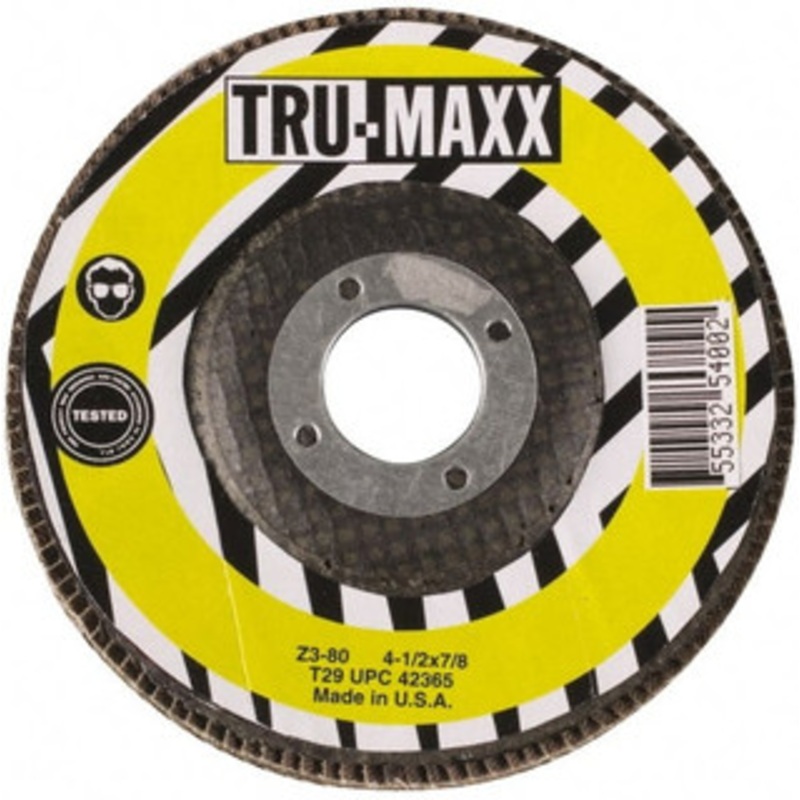 Tru-Maxx 7 80 Grit 5/8-11 Center Hole Type 27 Zirconia Alumina Flap Disc Medium Grade, Coated, Arbor Attachment, 8,600 RPM 25304 – 06379416