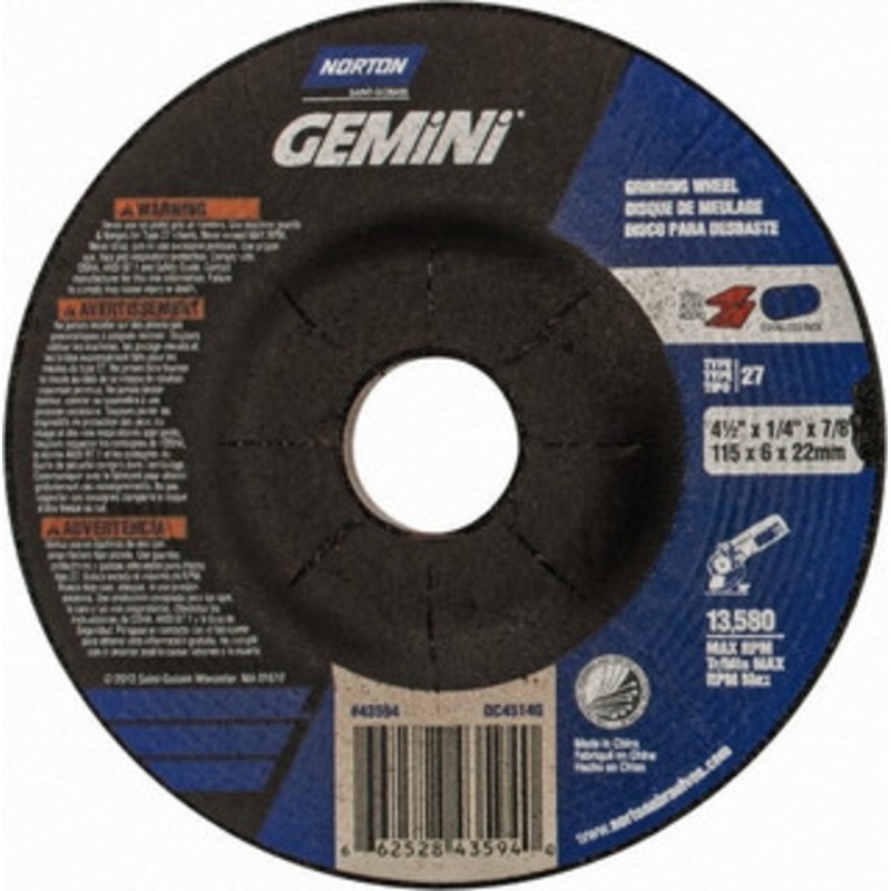 Norton 24 Grit, 4-1/2 Wheel Diam, 1/4 Wheel Thickness, 7/8 Arbor Hole, Type 27 Depressed Center Wheel Aluminum Oxide, 13,580 Max RPM 66252843594 – 58392051