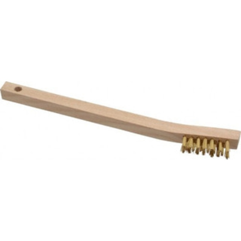Osborn 3 Rows x 7 Columns Brass Scratch Brush 1-7/16 Brush Length, 7-3/4 OAL, 7/16 Trim Length, Wood Curved Handle 0005401400 – 53502175