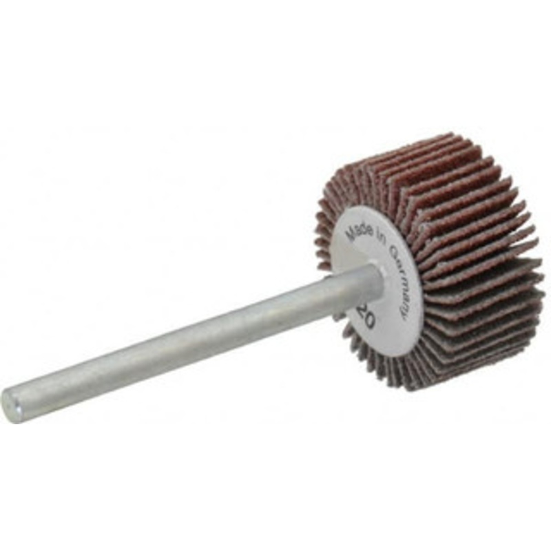 Value Collection 3/4 Diam x 3/8 Face Width, Fine Aluminum Oxide Coated Mounted Flap Wheel 1/8 Shank Mount, 120 Grit, X Weighted Cloth Backing, 35,000 Max RPM 112087 – 05096441