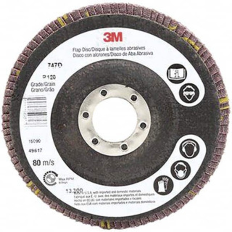 3M 4-1/2 120 Grit 7/8 Center Hole Type 27 Ceramic Flap Disc Fine Grade, Coated, Arbor Attachment, Cloth Backing, 13,300 RPM 7000028346 – 07721285