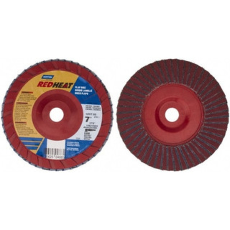 Norton 7 80 Grit 7/8 Center Hole Type 27 Ceramic Flap Disc Medium Grade, Coated, Arbor Attachment, Plastic Backing, 8,600 RPM 63642504883 – 06360697