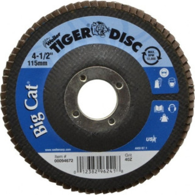 Weiler Abrasives 4-1/2 40 Grit 7/8 Center Hole Type 27 Zirconia Alumina Flap Disc Coarse Grade, Coated, Arbor Attachment, Phenolic Backing, 12,000 RPM 96241 – 00094672