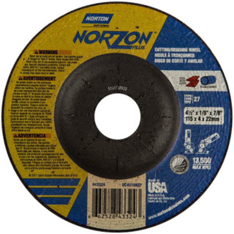 Norton 24 Grit, 4-1/2 Wheel Diam, 1/8 Wheel Thickness, 7/8 Arbor Hole, Type 27 Depressed Center Wheel Ceramic, 13,580 Max RPM 66252843324 – 58392226
