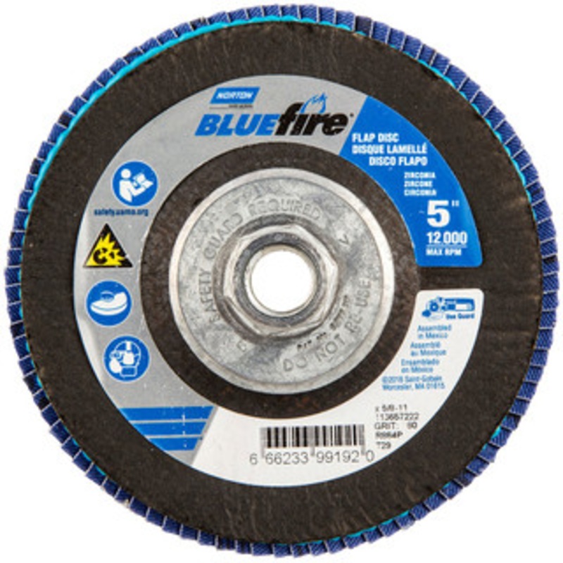 Norton 5 80 Grit 5/8-11 Center Hole Type 29 Zirconia Alumina Flap Disc Medium Grade, Coated, Arbor Attachment, Fiberglass Backing, 12,000 RPM 66623399192 – 36044469