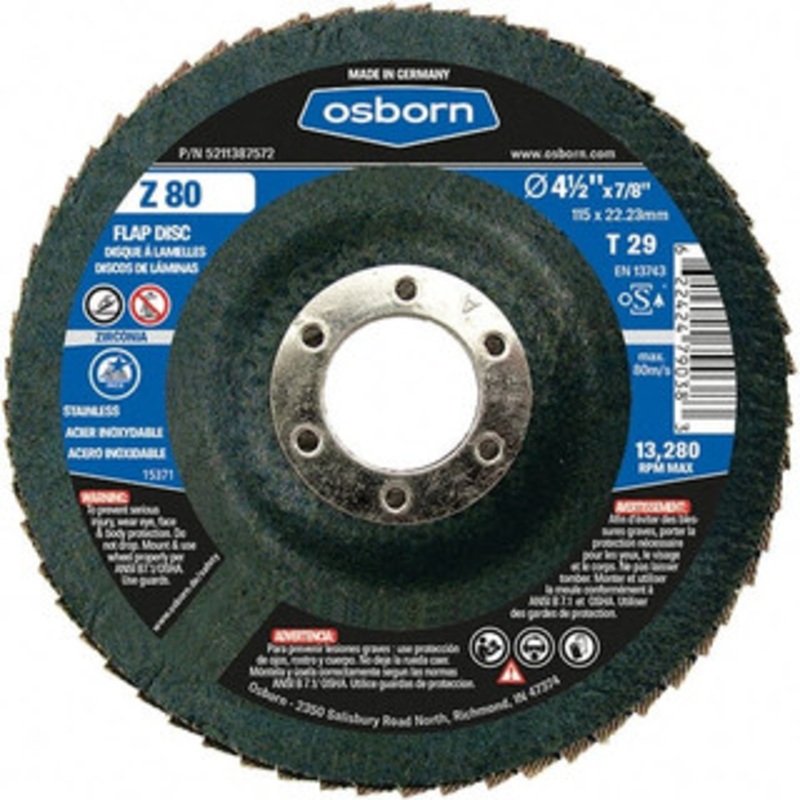 Osborn 4-1/2 80 Grit 7/8 Center Hole Type 29 Zirconia Alumina Flap Disc Coarse Grade, Coated, Arbor Attachment, Fiberglass Backing, 13,280 RPM 5211387572 – 31725617