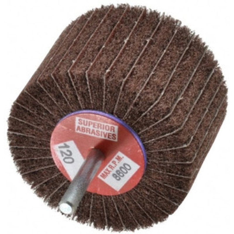 Superior Abrasives 3 Diam x 2 Face Width, Fine Aluminum Oxide Coated Mounted Flap Wheel 1/4 Shank Mount, 120 Grit, Interleaf, 8,000 Max RPM 10471 – 01937887