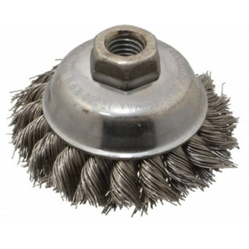 Weiler Abrasives 3-1/2 Diam 5/8-11 Threaded Arbor Stainless Steel Fill Cup Brush Knotted Wire, 0.023 Wire Diam, 7/8 Trim, 13,000 Max RPM 94697 – 03597978