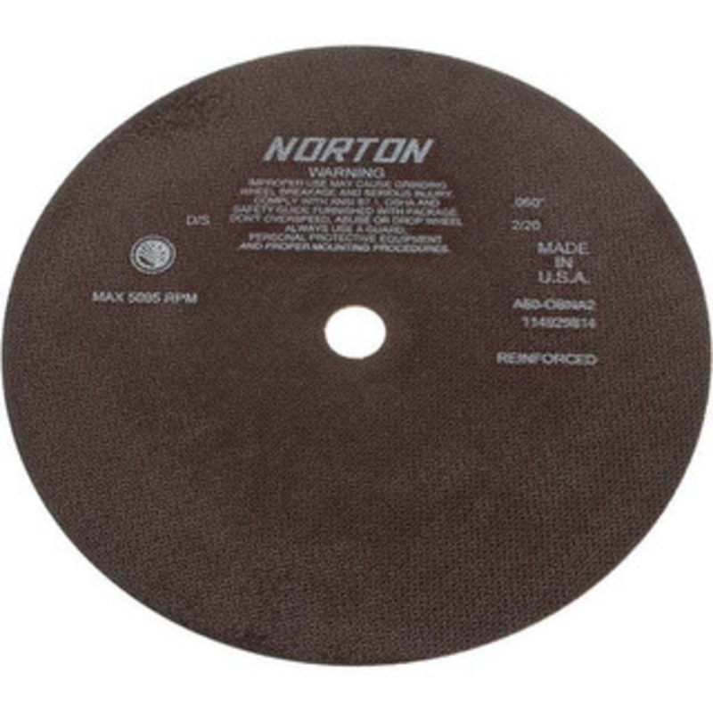 Norton 12 x 0.06, 1 Hole 60 Grit Aluminum Oxide Cutoff Wheel Medium Grade, Reinforced, 5,095 Max RPM, Use with Stationary Grinders 66253261811 – 01351014