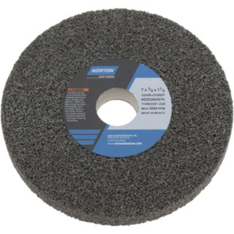 Norton 7 Diam x 1-1/4 Hole x 3/4 Thick, G Hardness, 46 Grit Surface Grinding Wheel Aluminum Oxide, Type 1, Coarse Grade, 3,600 Max RPM, Vitrified Bond, No Recess 66252942070 – 05956354