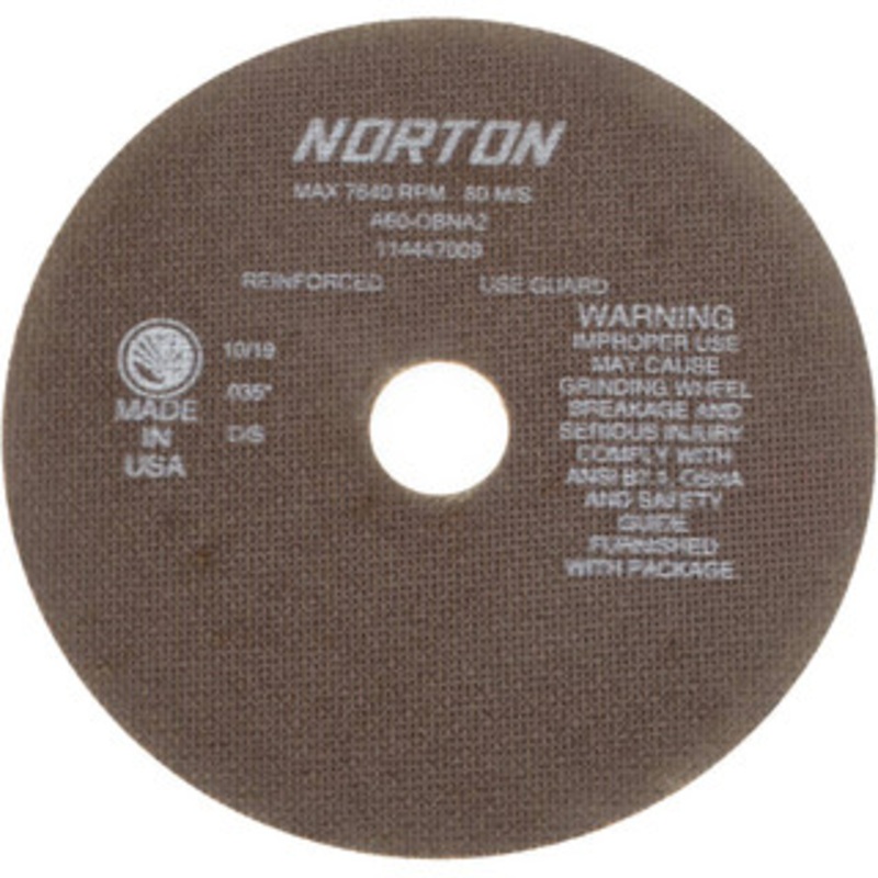 Norton 8 x 0.035, 1-1/4 Hole 60 Grit Aluminum Oxide Cutoff Wheel Medium Grade, Reinforced, 7,640 Max RPM, Use with Stationary Grinders 66253042980 – 83107755
