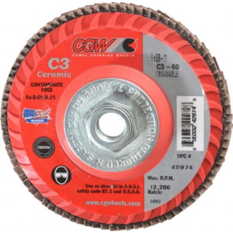 CGW Abrasives 5 60 Grit 5/8-11 Center Hole Type 27 Ceramic Flap Disc Medium Grade, Coated, Arbor Attachment, Polyester Backing, 12,200 RPM 42974 – 78916830