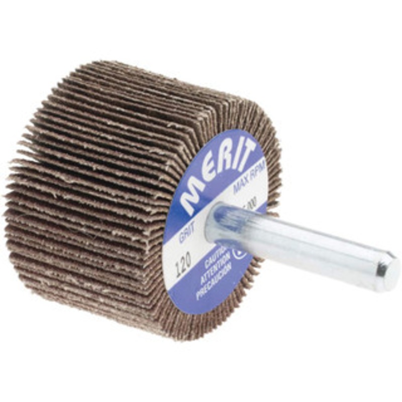Merit Abrasives 1-1/2 Diam x 1 Face Width, Fine Ceramic Alumina Coated Mounted Flap Wheel 1/4 Shank Mount, 120 Grit, Cloth Backing, 25,000 Max RPM 08834137142 – 72372915