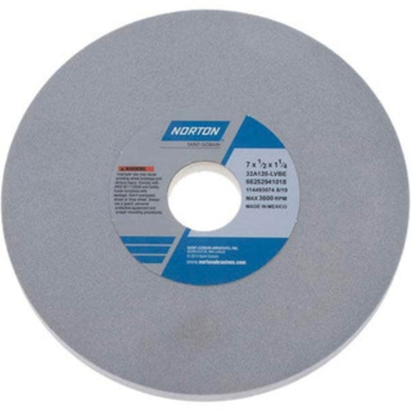 Norton 7 Diam x 1-1/4 Hole x 1/2 Thick, L Hardness, 120 Grit Surface Grinding Wheel Aluminum Oxide, Type 1, Fine Grade, 3,600 Max RPM, Vitrified Bond, No Recess 66252941018 – 01056399