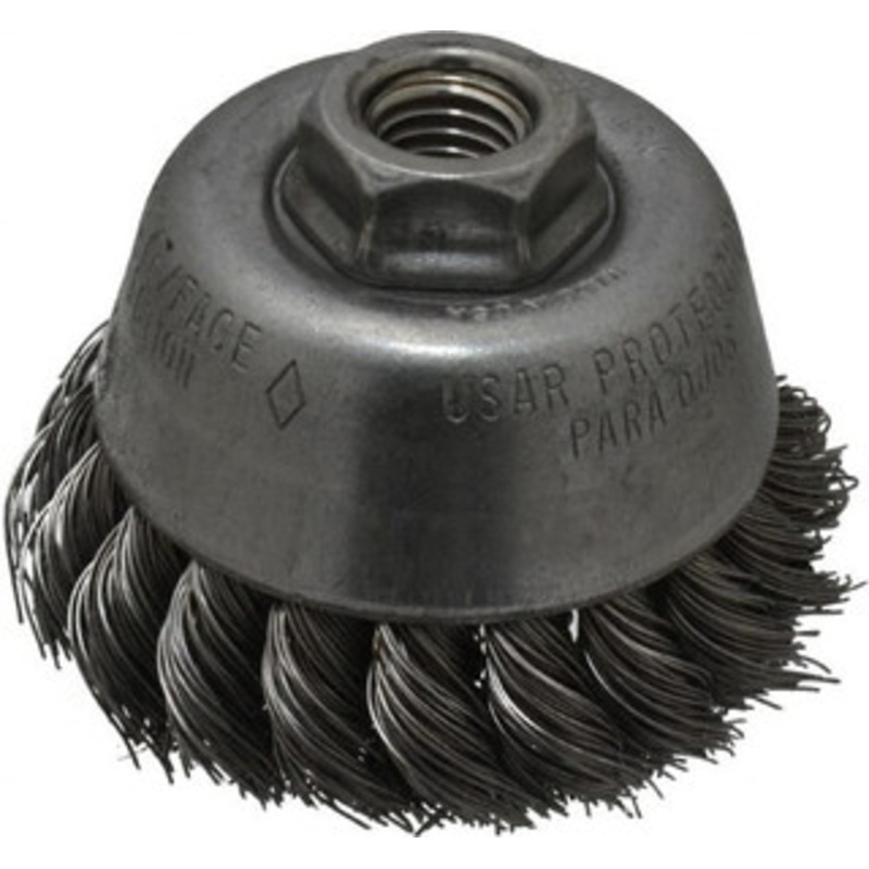Osborn 3-1/2 Diam 5/8-11 Threaded Arbor Steel Fill Cup Brush Knotted Wire, 0.02 Wire Diam, 7/8 Trim, 14,000 Max RPM 0003300000 – 00221879