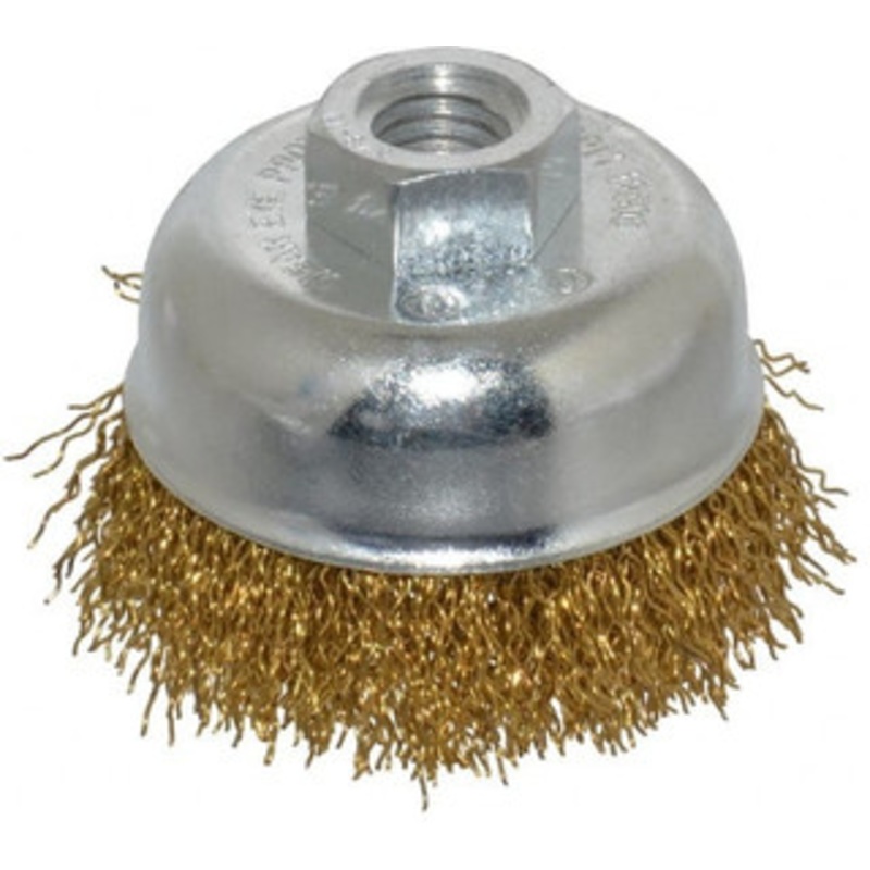 Value Collection 2-3/4 Diam 5/8-11 Threaded Arbor Brass Fill Cup Brush Crimped Wire, 0.02 Wire Diam, 7/8 Trim, 12,500 Max RPM 0107558350 – 74038142