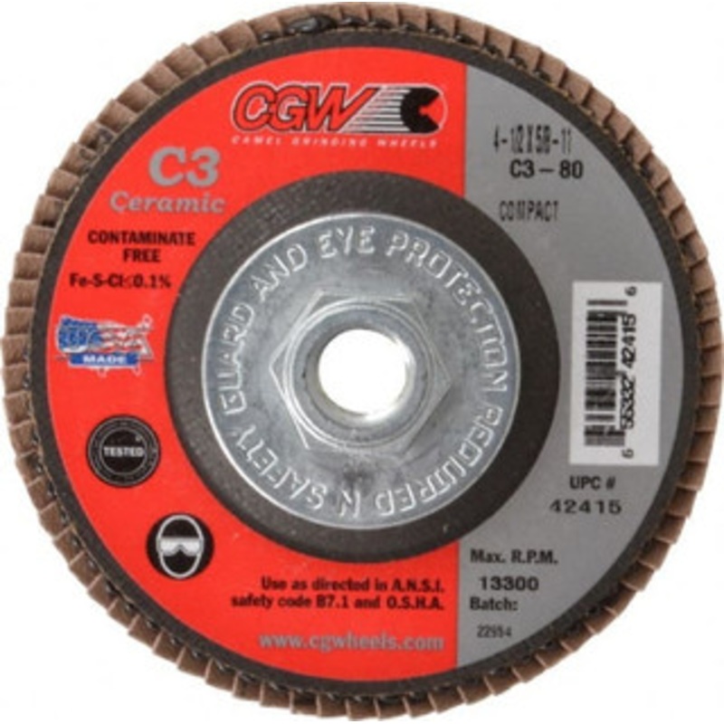 CGW Abrasives 4-1/2 80 Grit 5/8-11 Center Hole Ceramic Flap Disc Medium Grade, Coated, Arbor Attachment, Polyester Backing, 13,300 RPM 42415 – 63009666