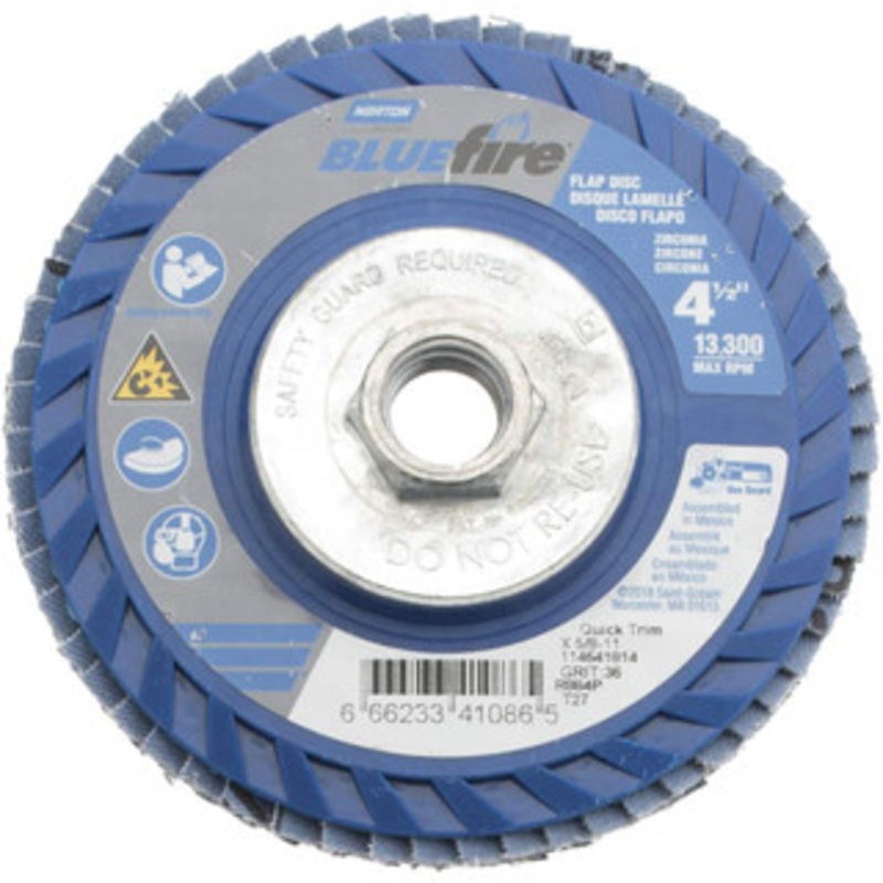 Norton 4-1/2 36 Grit 5/8-11 Center Hole Type 27 Zirconia Alumina Flap Disc Coarse Grade, Coated, Arbor Attachment, Plastic Backing, 13,300 RPM 66623341086 – 69000628