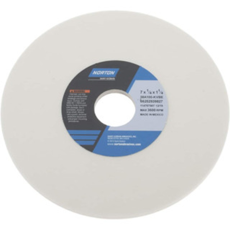Norton 7 Diam x 1-1/4 Hole x 1/4 Thick, K Hardness, 100 Grit Surface Grinding Wheel Aluminum Oxide, Type 1, Fine Grade, 3,600 Max RPM, Vitrified Bond, No Recess 66252939827 – 05948948