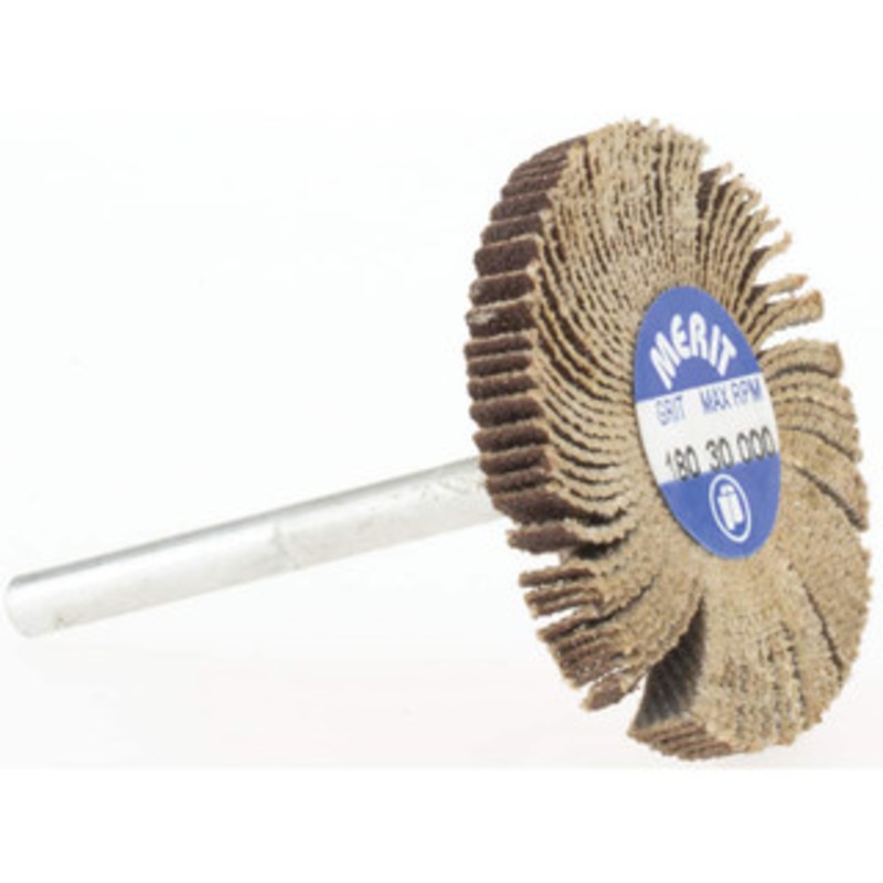Merit Abrasives 1-3/16 Diam x 1/8 Face Width, Very Fine Aluminum Oxide Coated Mounted Flap Wheel 1/8 Shank Mount, 180 Grit, Cloth Backing, 30,000 Max RPM 08834137493 – 84400662