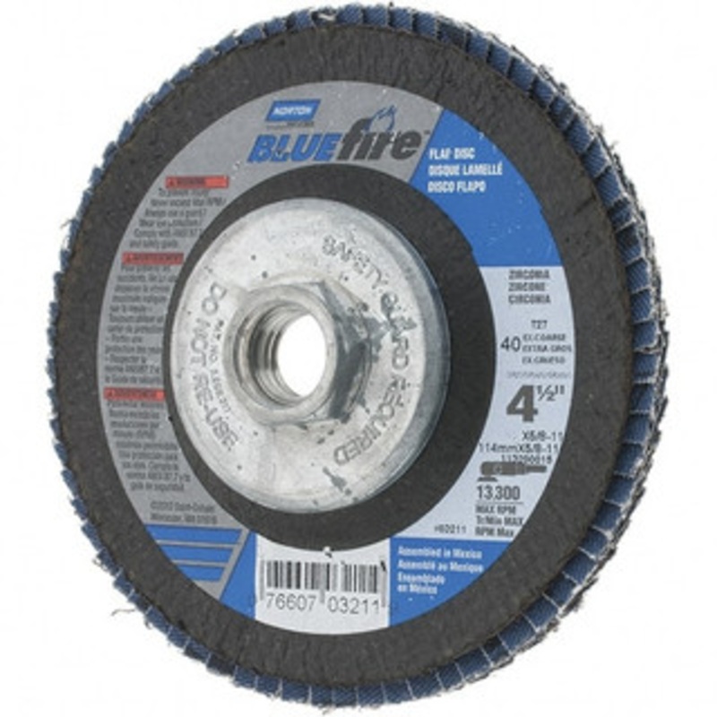 Norton 4-1/2 40 Grit 5/8-11 Center Hole Type 29 Zirconia Alumina Flap Disc Coarse Grade, Coated, Arbor Attachment, Cloth Backing, 13,300 RPM 07660703211 – 30189476