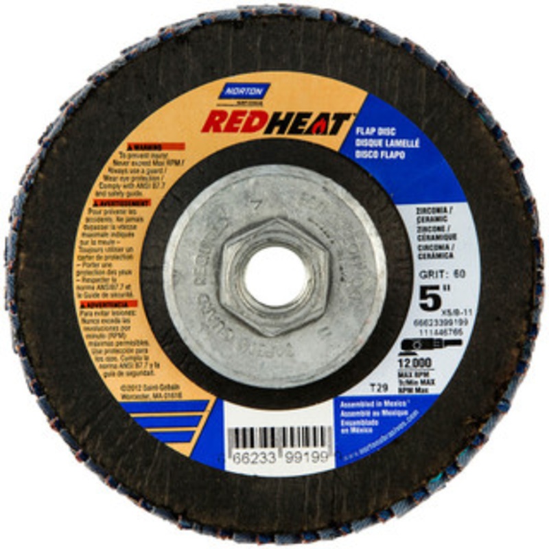 Norton 5 36 Grit 5/8-11 Center Hole Type 29 Ceramic Alumina Flap Disc Coarse Grade, Coated, Arbor Attachment, Fiberglass Backing, 12,000 RPM 66623399197 – 36044451