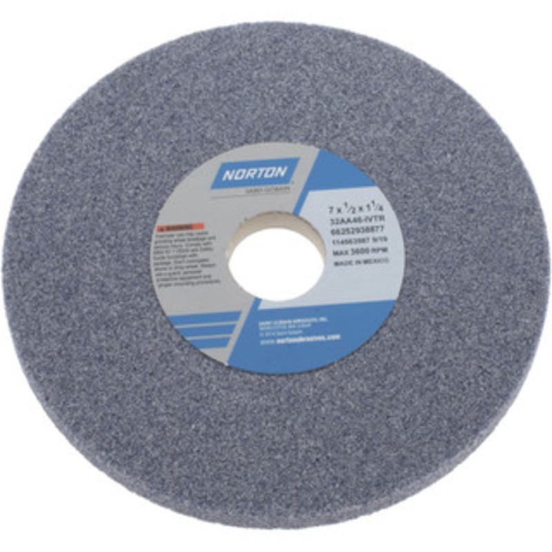 Norton 7 Diam x 1-1/4 Hole x 1/2 Thick, I Hardness, 46 Grit Surface Grinding Wheel Aluminum Oxide, Type 1, Coarse Grade, 3,600 Max RPM, Vitrified Bond, No Recess 66252938877 – 05128087