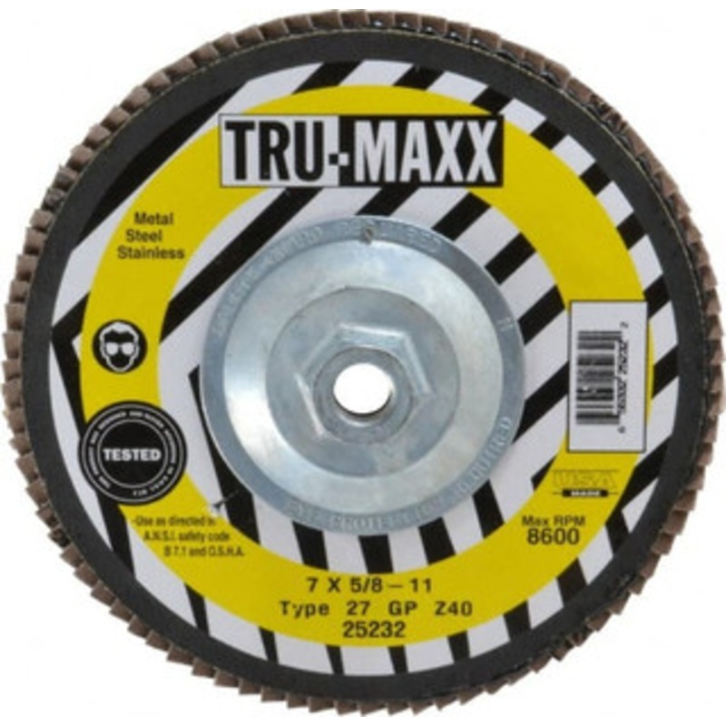Tru-Maxx 7 40 Grit 5/8-11 Center Hole Type 27 Zirconia Alumina Flap Disc Coarse Grade, Coated, Arbor Attachment, 8,600 RPM 25232 – 86779345