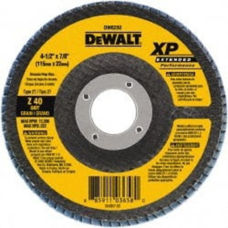 DeWALT 4-1/2 40 Grit 7/8 Center Hole Type 27 Zirconia Alumina Flap Disc Coarse Grade, Coated, Arbor Attachment, Cloth Backing, 13,300 RPM DW8250 – 63966410