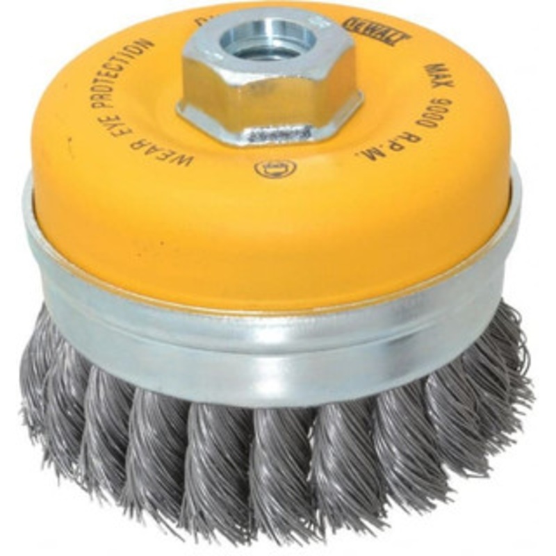 DeWALT 4 Diam 5/8-11 Threaded Arbor Steel Fill Cup Brush Knotted Wire, 0.023 Wire Diam, 9,000 Max RPM DW4916 – 65052540