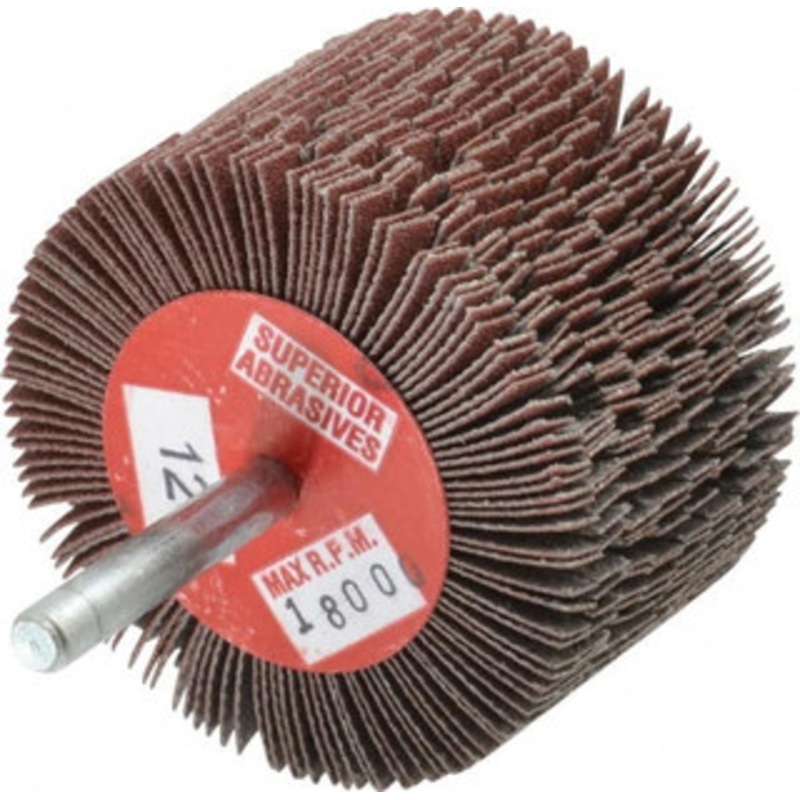 Superior Abrasives 2-1/2 Diam x 1-1/2 Face Width, Fine Aluminum Oxide Coated Mounted Flap Wheel 1/4 Shank Mount, 120 Grit, J Weighted Cloth Backing, 9,000 Max RPM 28971 – 01923697