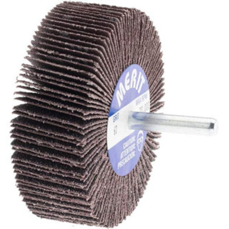 Merit Abrasives 3 Diam x 1 Face Width, Medium Aluminum Oxide Coated Mounted Flap Wheel 1/4 Shank Mount, 60 Grit, Cloth Backing, 20,000 Max RPM 08834137450 – 09608746