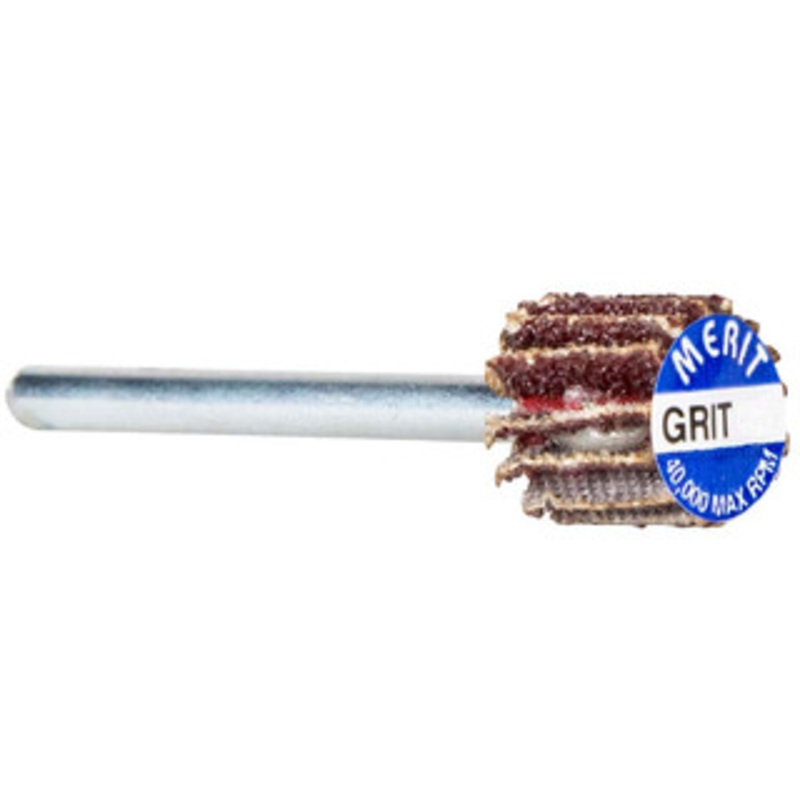 Merit Abrasives 5/8 Diam x 3/4 Face Width, Medium Aluminum Oxide Coated Mounted Flap Wheel 1/8 Shank Mount, 80 Grit, Cloth Backing, 37,000 Max RPM 08834137541 – 09608522