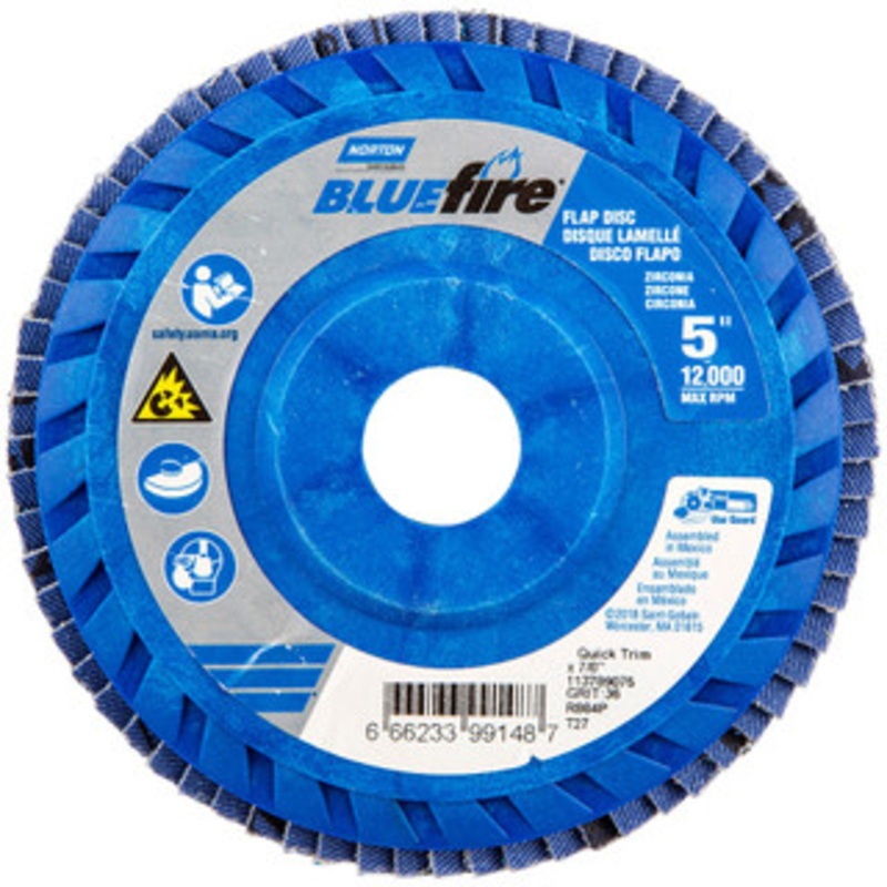 Norton 5 36 Grit 7/8 Center Hole Type 27 Zirconia Alumina Flap Disc Very Coarse Grade, Coated, Arbor Attachment, Cloth Backing, 12,000 RPM 66623399148 – 56275571