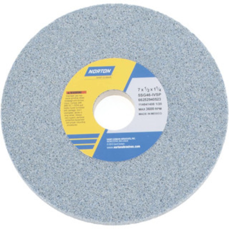 Norton 7 Diam x 1-1/4 Hole x 1/2 Thick, I Hardness, 46 Grit Surface Grinding Wheel Ceramic, Type 1, Coarse Grade, 3,600 Max RPM, Vitrified Bond, No Recess 66252940523 – 90864893