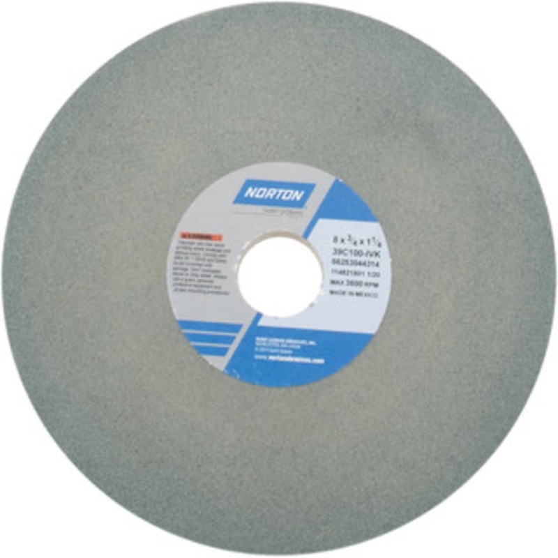 Norton 8 Diam x 1-1/4 Hole x 3/4 Thick, I Hardness, 100 Grit Surface Grinding Wheel Silicon Carbide, Type 1, Fine Grade, 3,600 Max RPM, Vitrified Bond, No Recess 66253044314 – 71786594