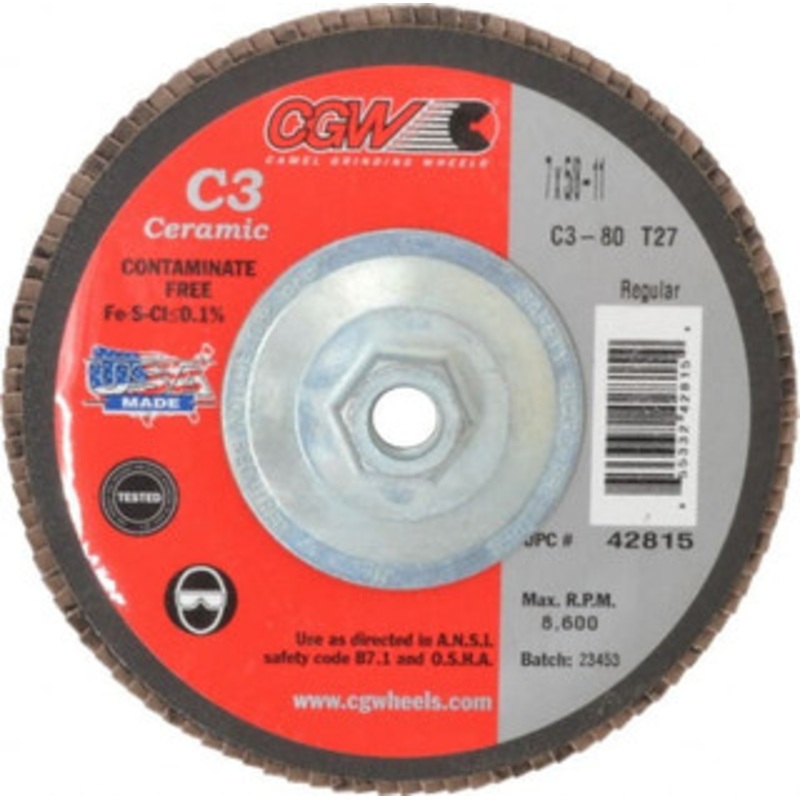CGW Abrasives 7 80 Grit 5/8-11 Center Hole Type 27 Ceramic Flap Disc Medium Grade, Coated, Arbor Attachment, Polyester Backing, 8,600 RPM 42815 – 63009989